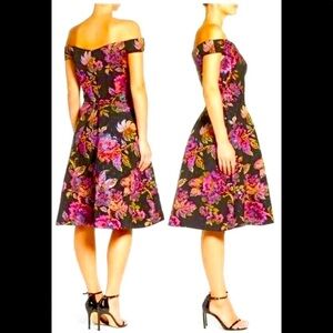 NWT ADRIANNA PAPELL Metallic Floral Jacquard Dress Off Shoulder 6 MSRP $228